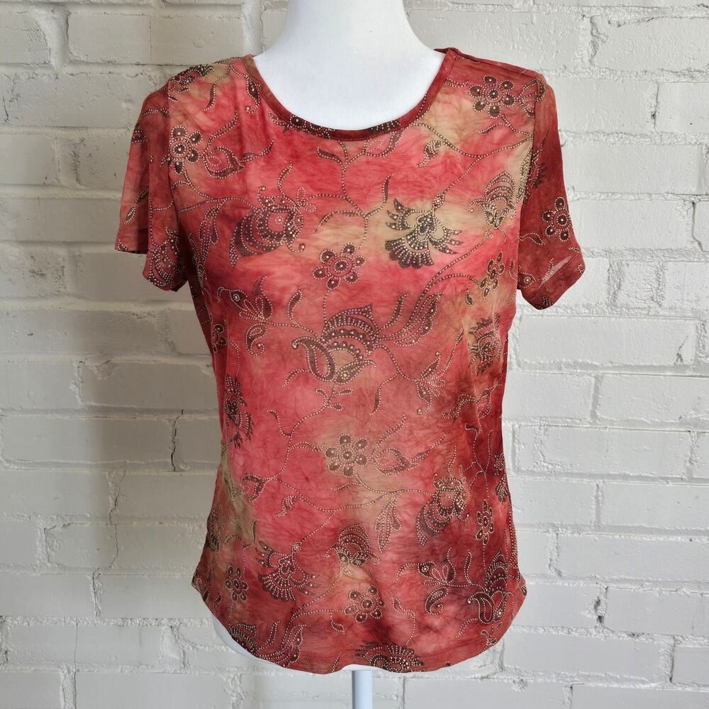 Beliza Y2K Sheer Mesh Henna Floral Print Top Rust Terracotta Size Large Boho
